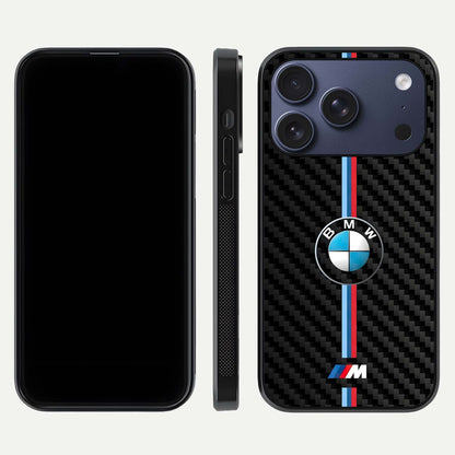 BMW Pattern Glass Case for iPhone 17 Pro front-and-back layout displaying car-themed art and premium glass gloss