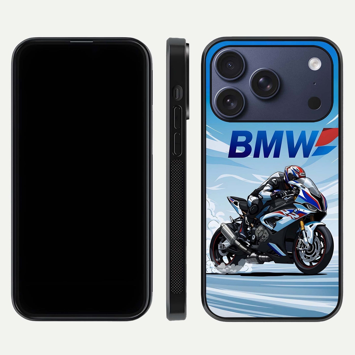 BMW Power Drift Glass Case for iPhone 17 Pro dual-view layout showing energy pattern and edge clarity