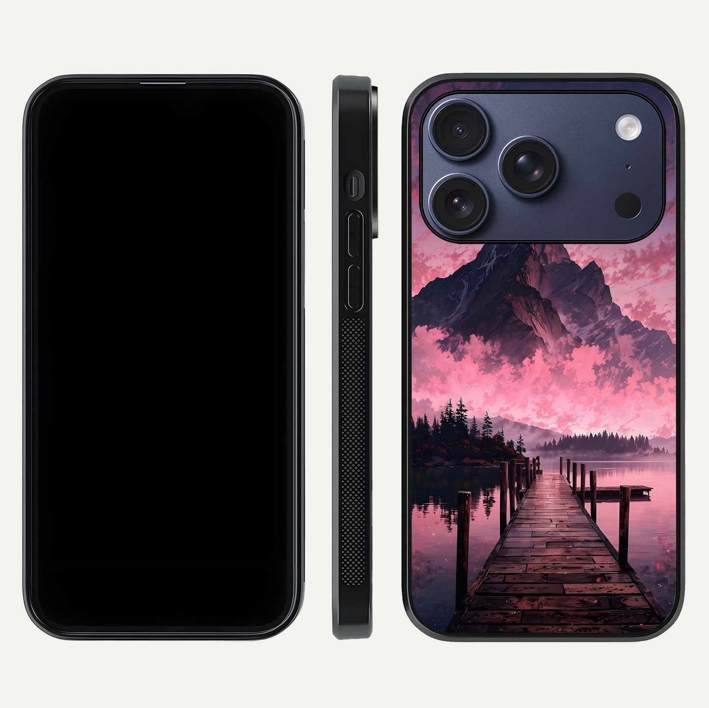Beautyful Mountain View Glass Case for iPhone 16 Pro front and back layout showcasing natural tones and clarity