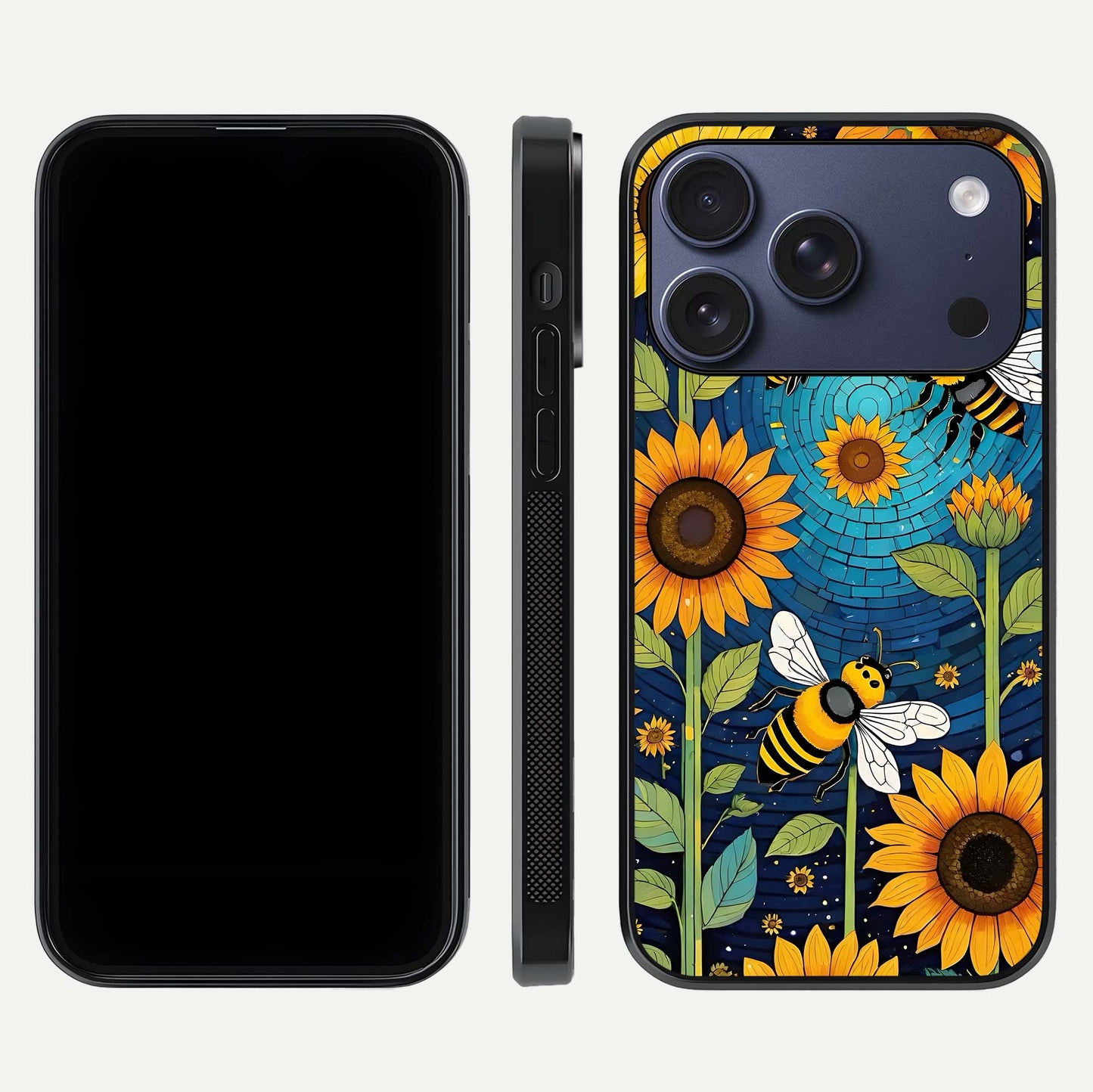 Bees & Sunflowers Glass Case for iPhone 16 Pro front-and-back layout highlighting nature-inspired artwork and protective edge