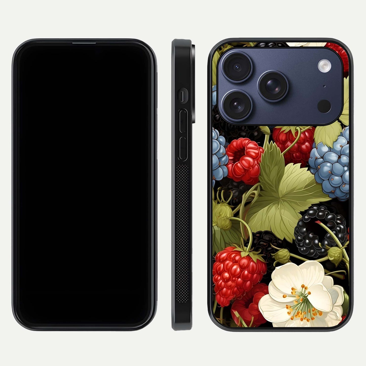Berry Bloom Charm Glass Case for iPhone 17 Pro front-and-back layout showing floral pattern continuity and smooth glass shine