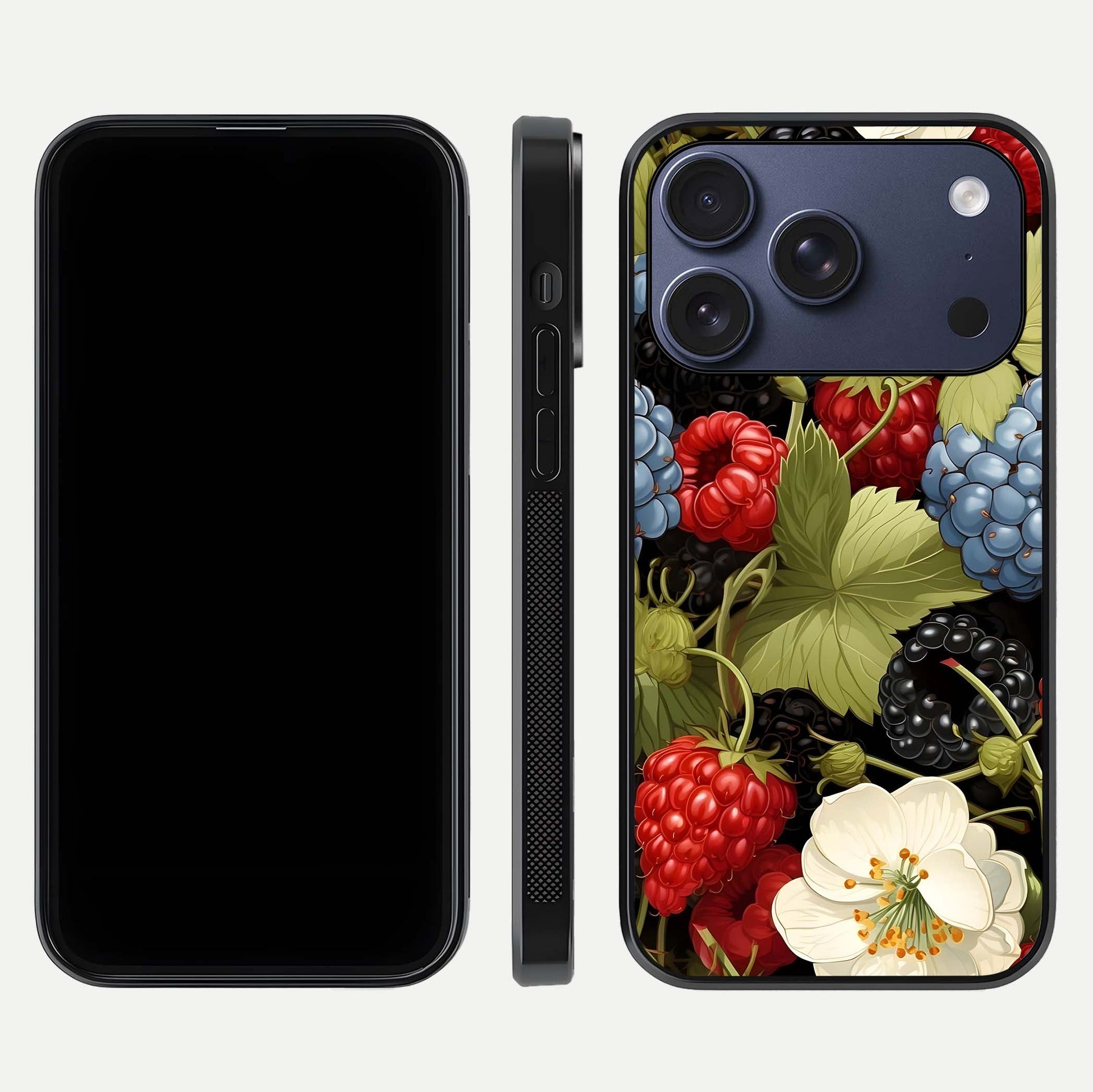 Berry Bloom Charm Glass Case for iPhone 17 Pro front-and-back layout showing floral pattern continuity and smooth glass shine