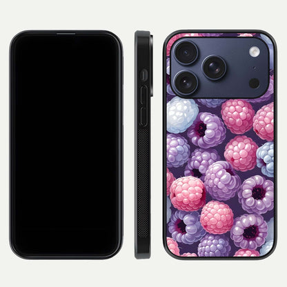 Berry Candy Pop Glass Case for iPhone 16 Pro front-and-back layout showing colorful pattern and sleek protective frame