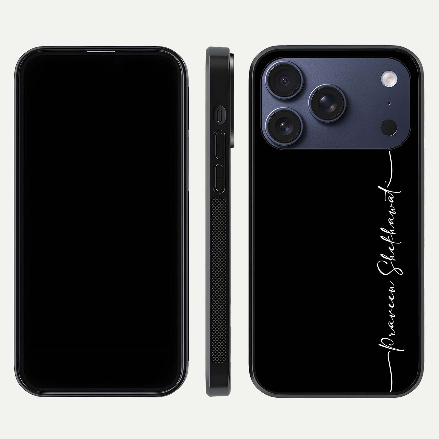 Black Tune Custom Name Glass Case for iPhone 16 Pro front-and-back layout showing personalized name zone and edges