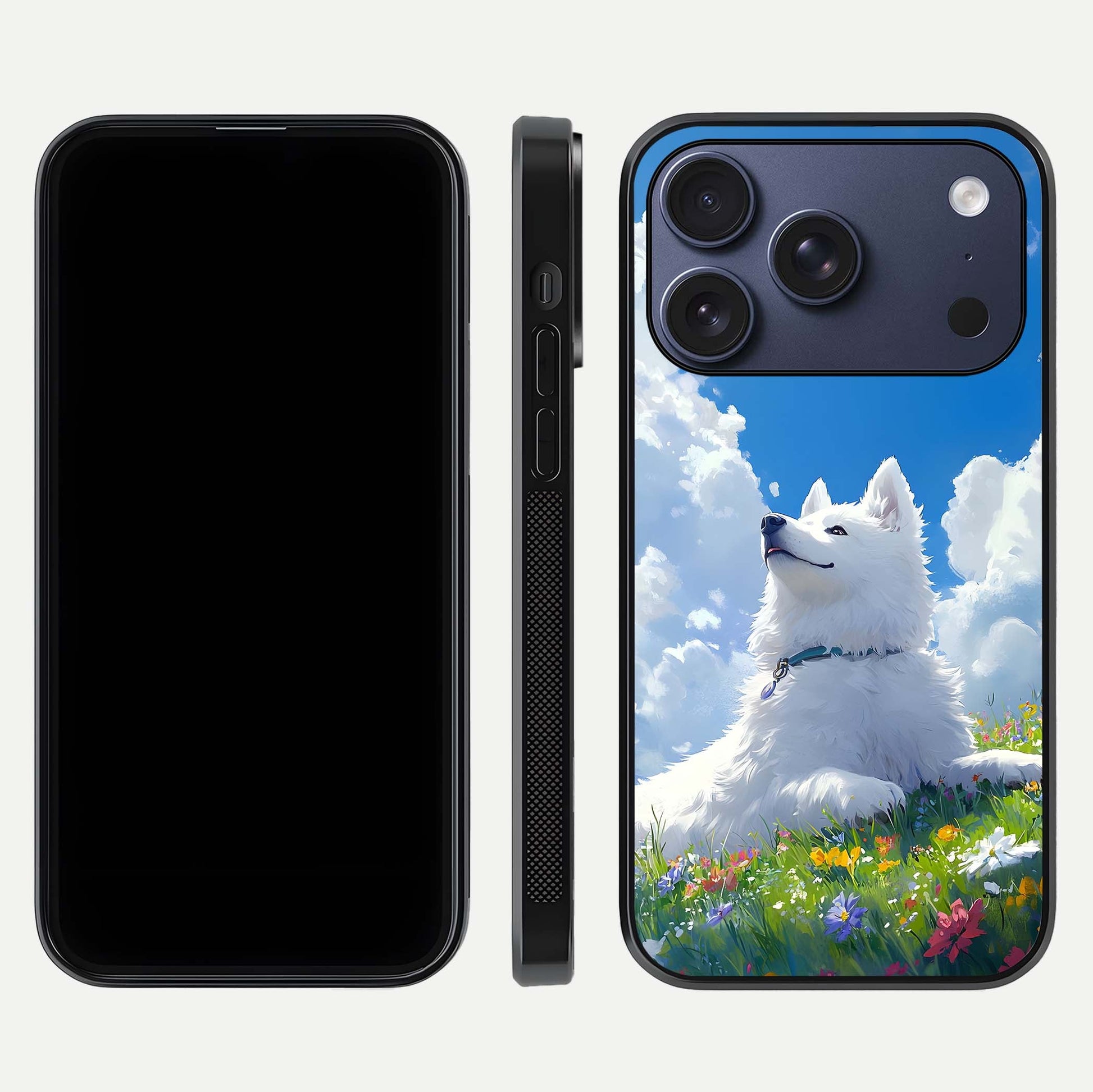 Blissful Cloud Pup Glass Case for iPhone 16 Pro front-and-back layout showing art alignment and edge design