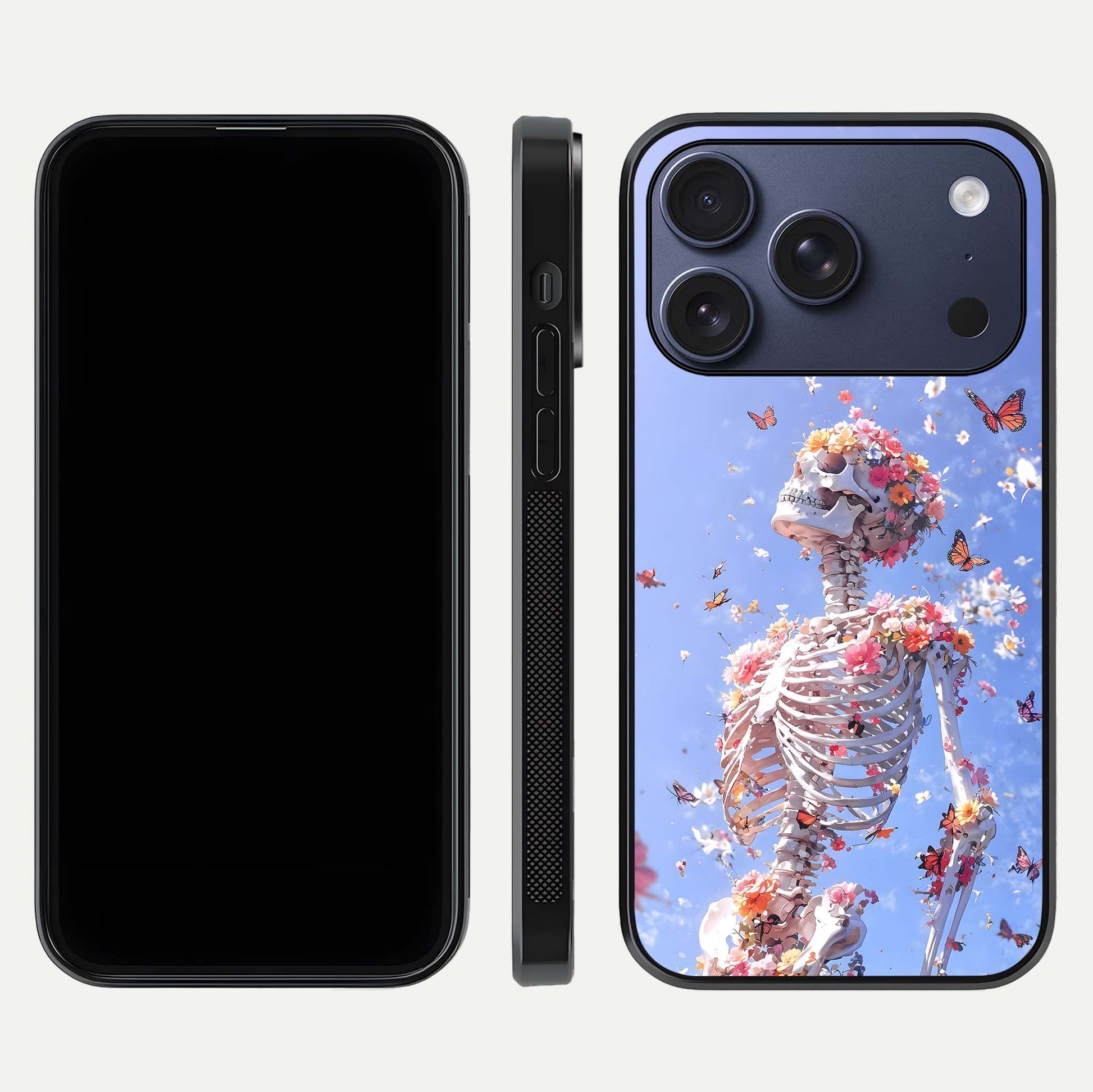 Bloom Beyond Bones Glass Case for iPhone 17 Pro dual-view layout showing creative aesthetic and edge design