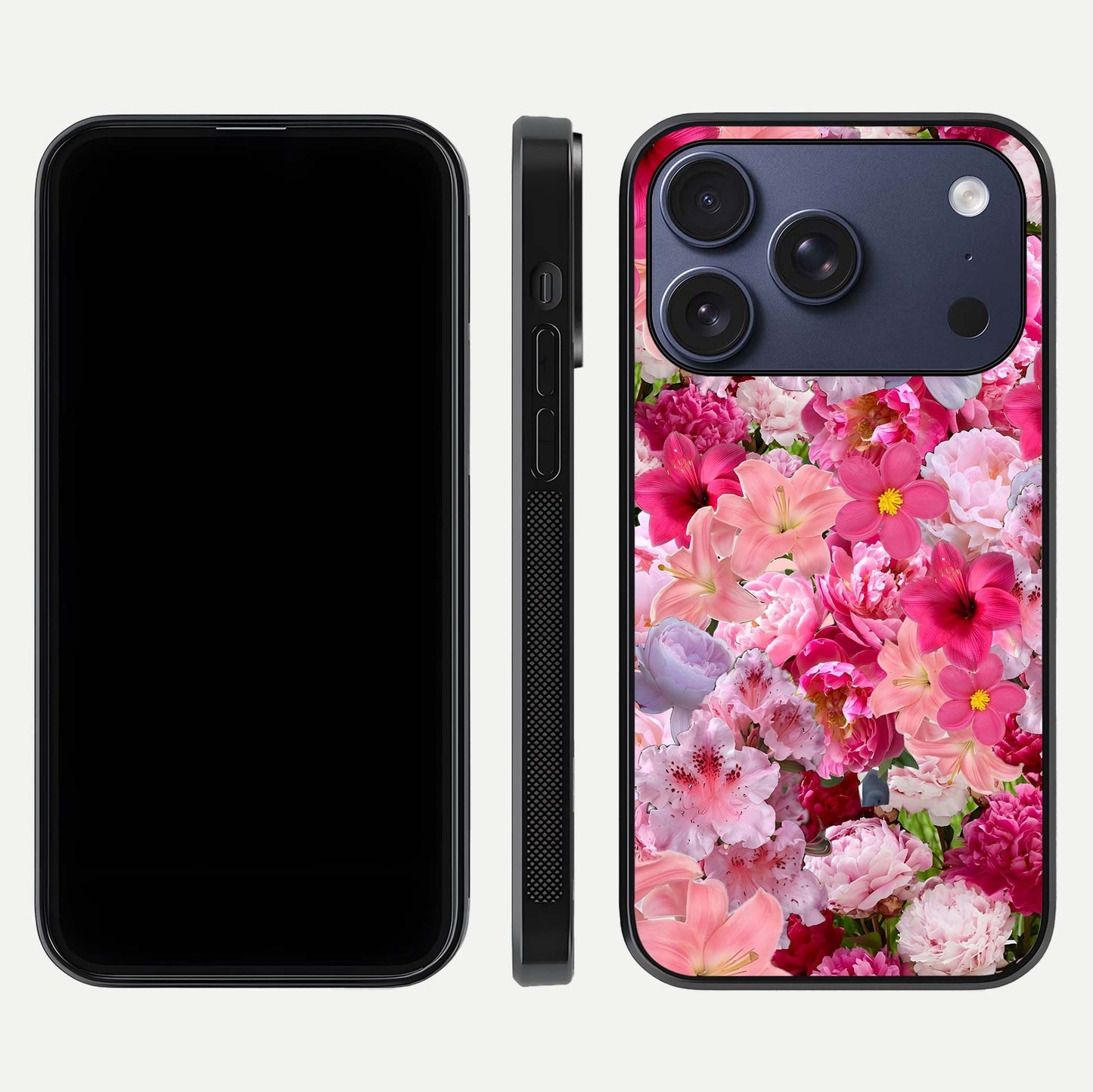 Bloom Crush Fantasy Glass Case for iPhone 17 Pro dual-view layout highlighting edges and premium shine