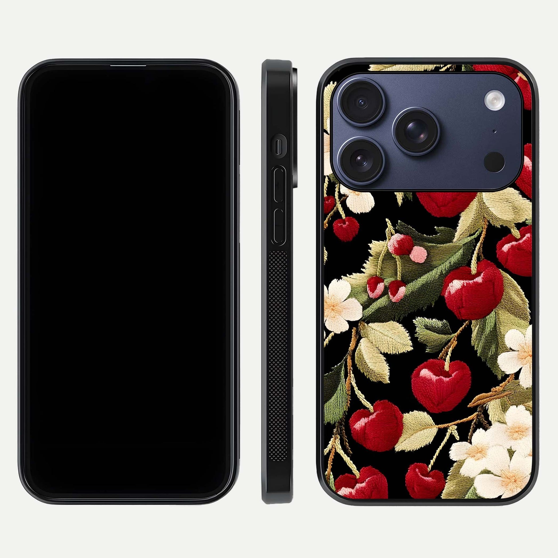 Bloom Thread Art Glass Case for iPhone 17 Pro front-and-back layout showing smooth edges and high-clarity print