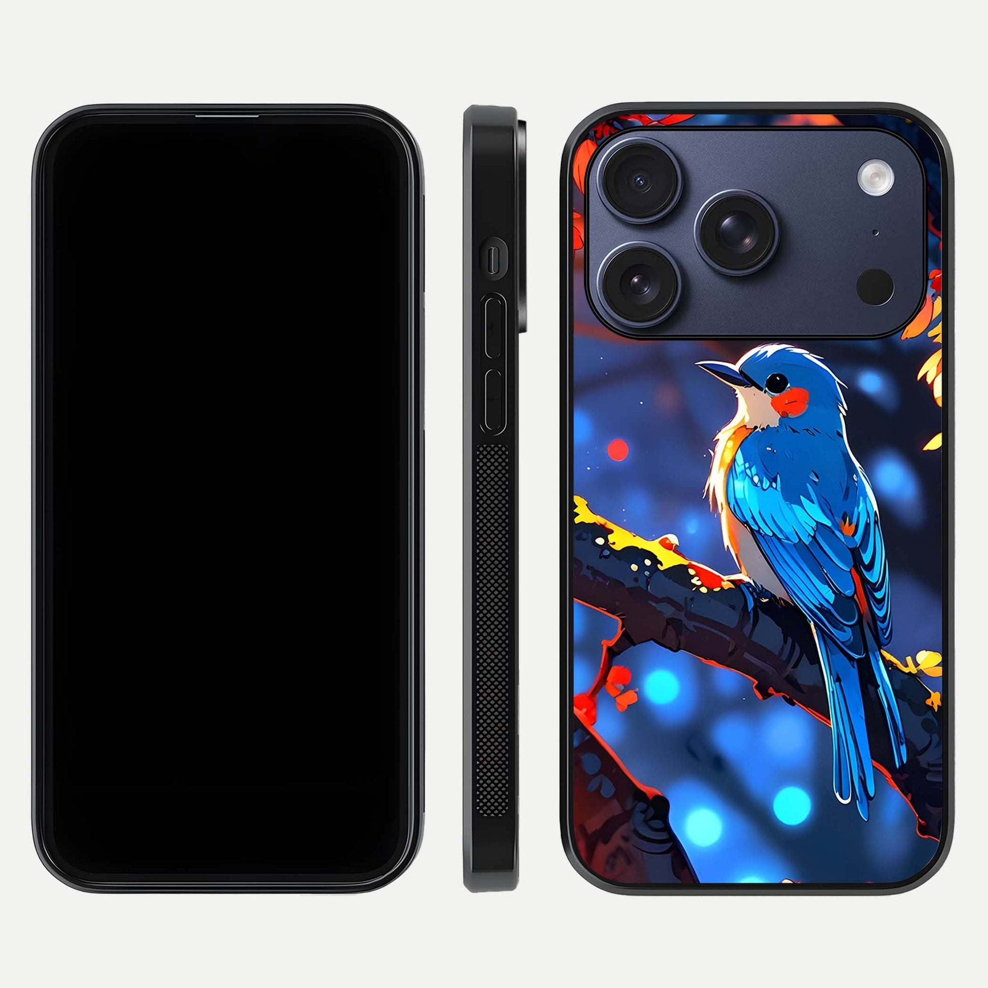 Blooming Spendor Bird Glass Case for iPhone 17 Pro front-and-back view showing nature print and protective edge