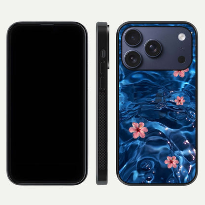 Blooming Water Drift Glass Case for iPhone 16 Pro front-and-back layout highlighting edge design and serene water bloom art