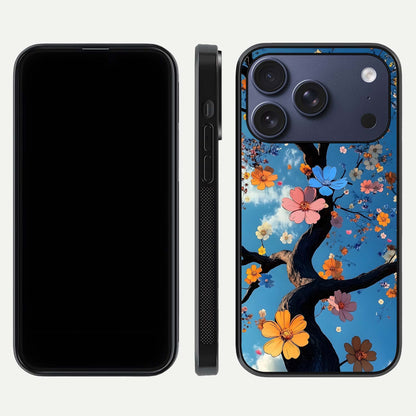 Blossom Dream Sky Glass Case for iPhone 17 Pro front-and-back layout showing floral print and premium edge gloss