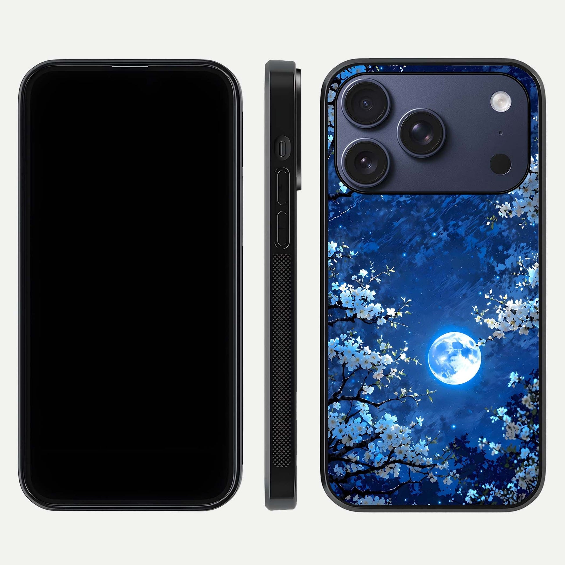 Blossom Moonlight Sky Glass Case for iPhone 16 Pro dual-view layout highlighting sky gradient and floral composition