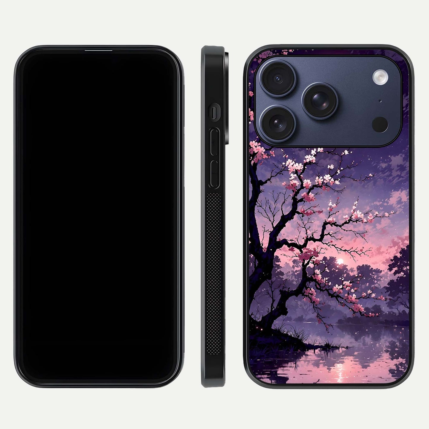 Blossom Pink Moon Glass Case for iPhone 17 Pro front-and-back layout showing minimal edges and artistic flower print