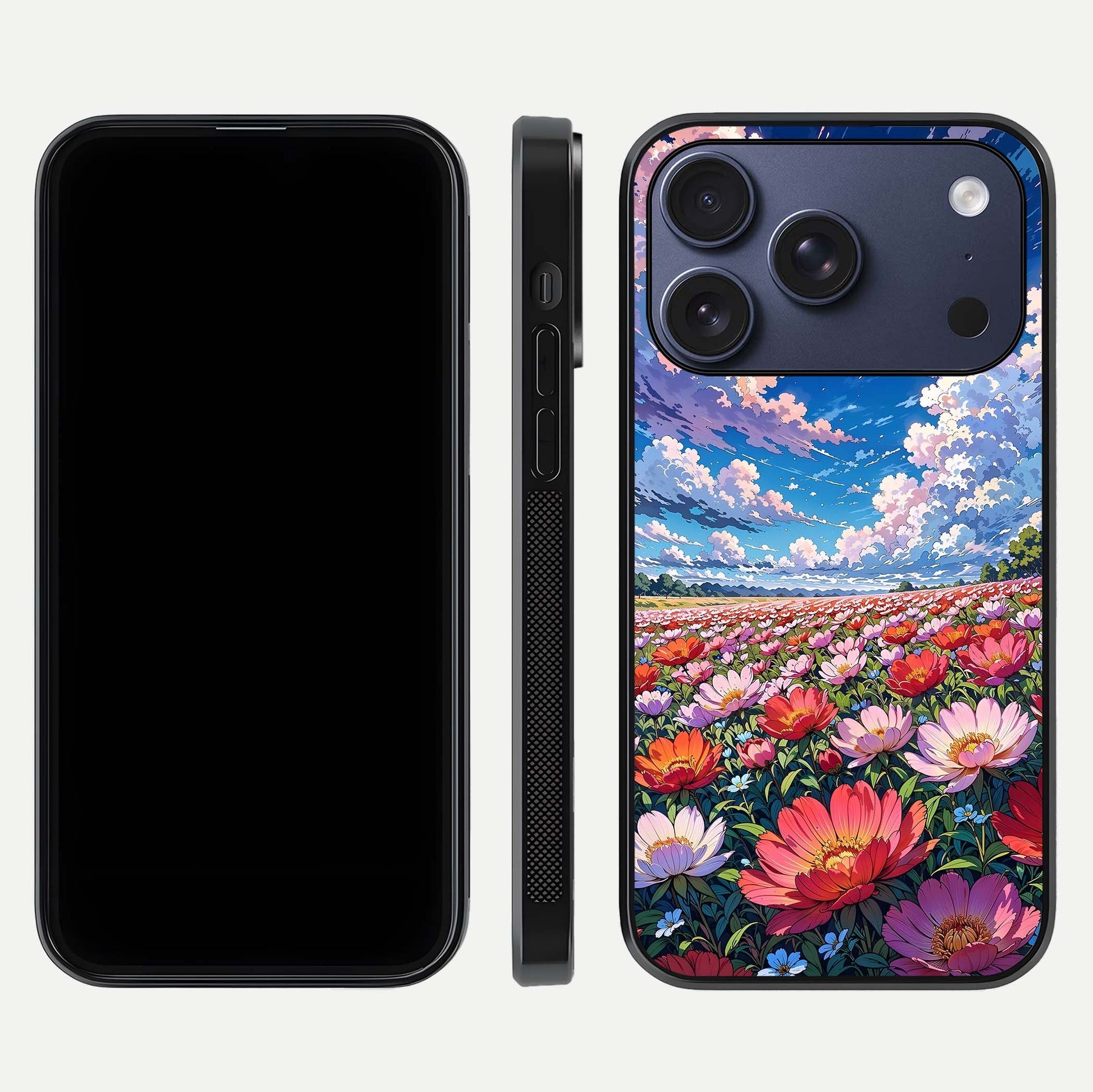 Blossom Sky Field Glass Case for iPhone 16 Pro front-and-back layout highlighting design edges and gloss clarity