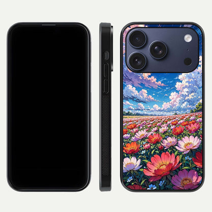 Blossom Sky Field Glass Case for iPhone 16 Pro front-and-back layout highlighting design edges and gloss clarity