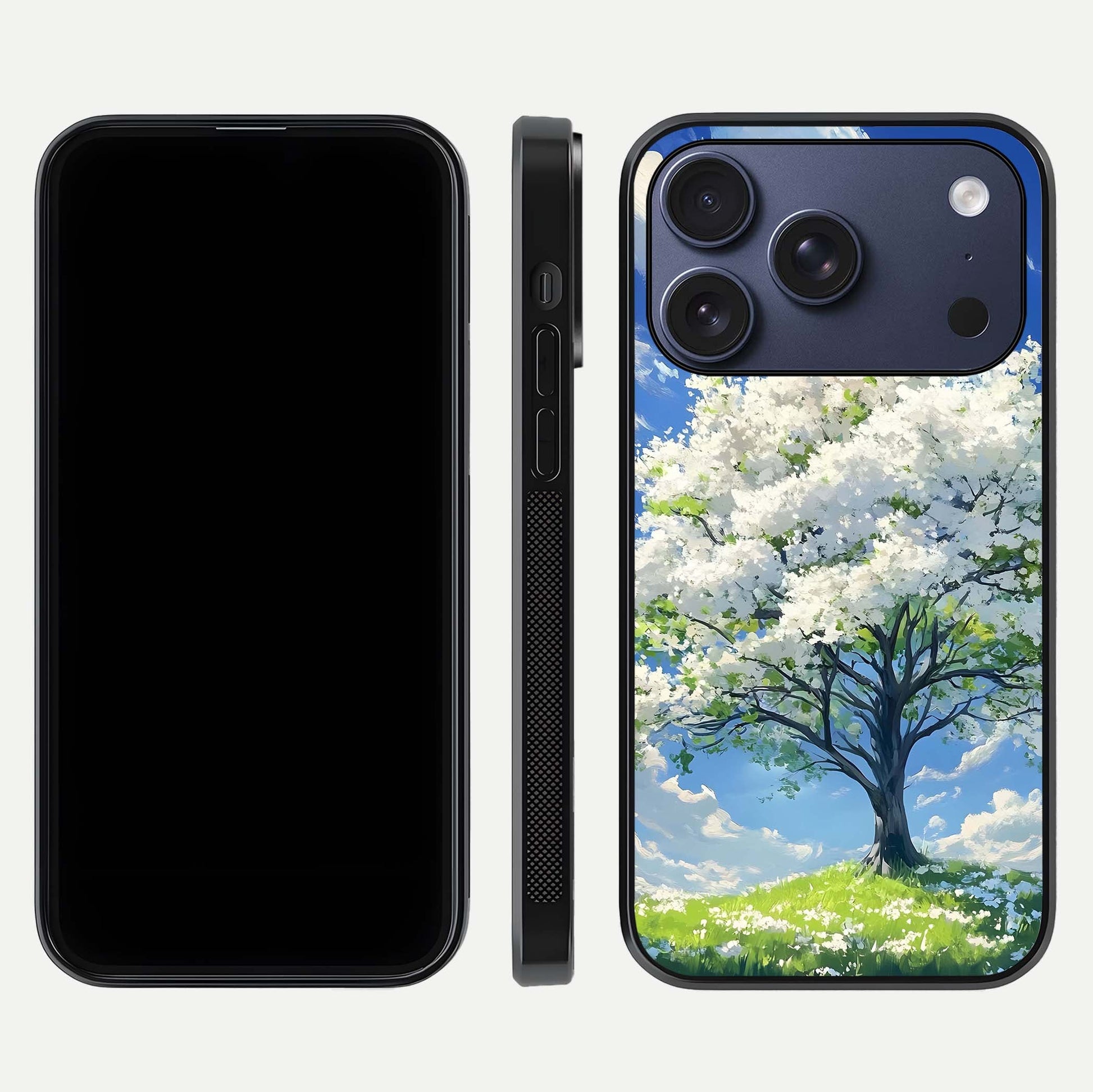 Blossom Sky Serenity Glass Case for iPhone 16 Pro dual-view layout showing pastel hues and soft protective edges