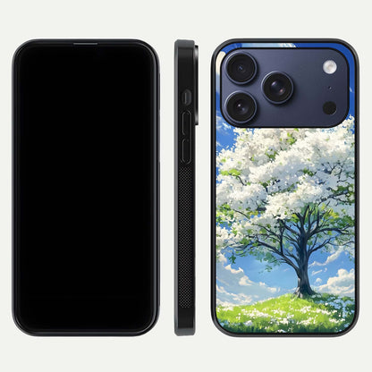 Blossom Sky Serenity Glass Case for iPhone 16 Pro dual-view layout showing pastel hues and soft protective edges