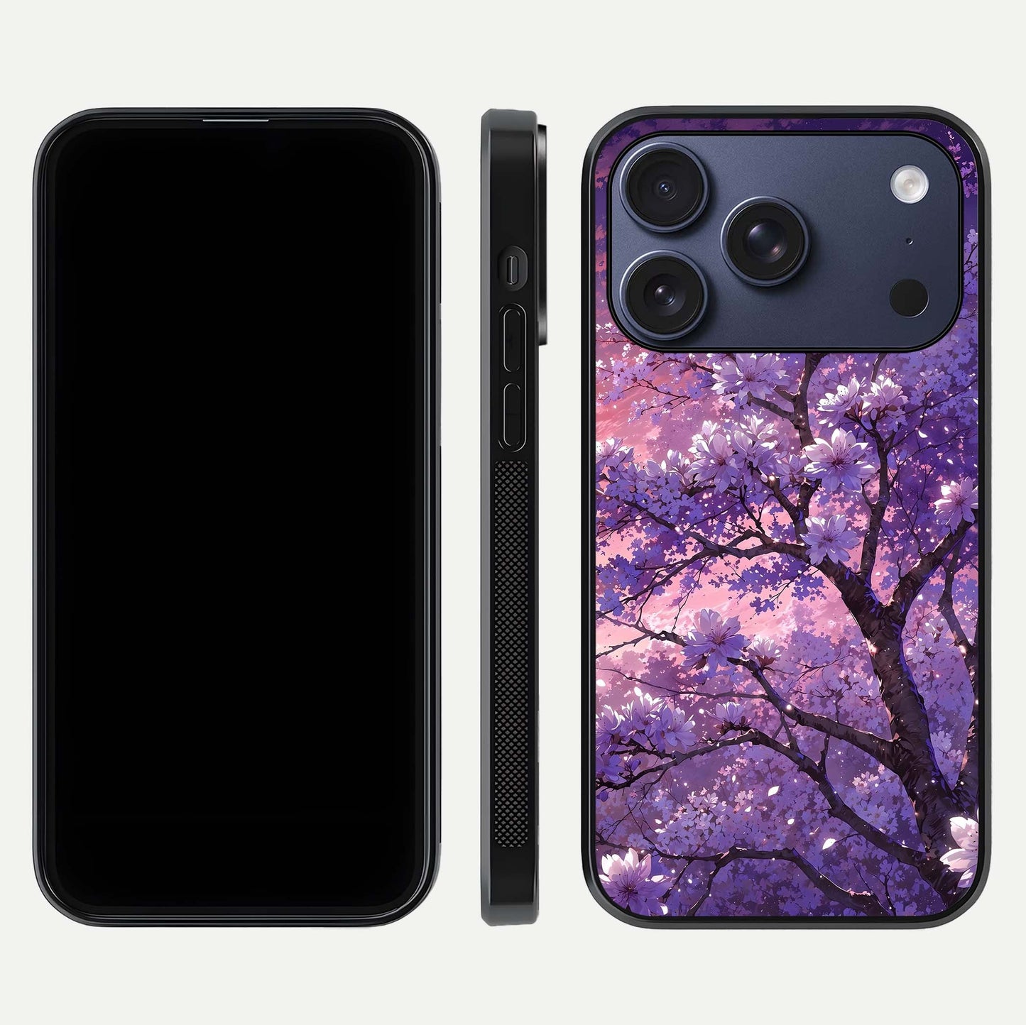 Blossom Tree Glass Case for iPhone 17 Pro front-and-back layout showing art alignment and gloss reflection