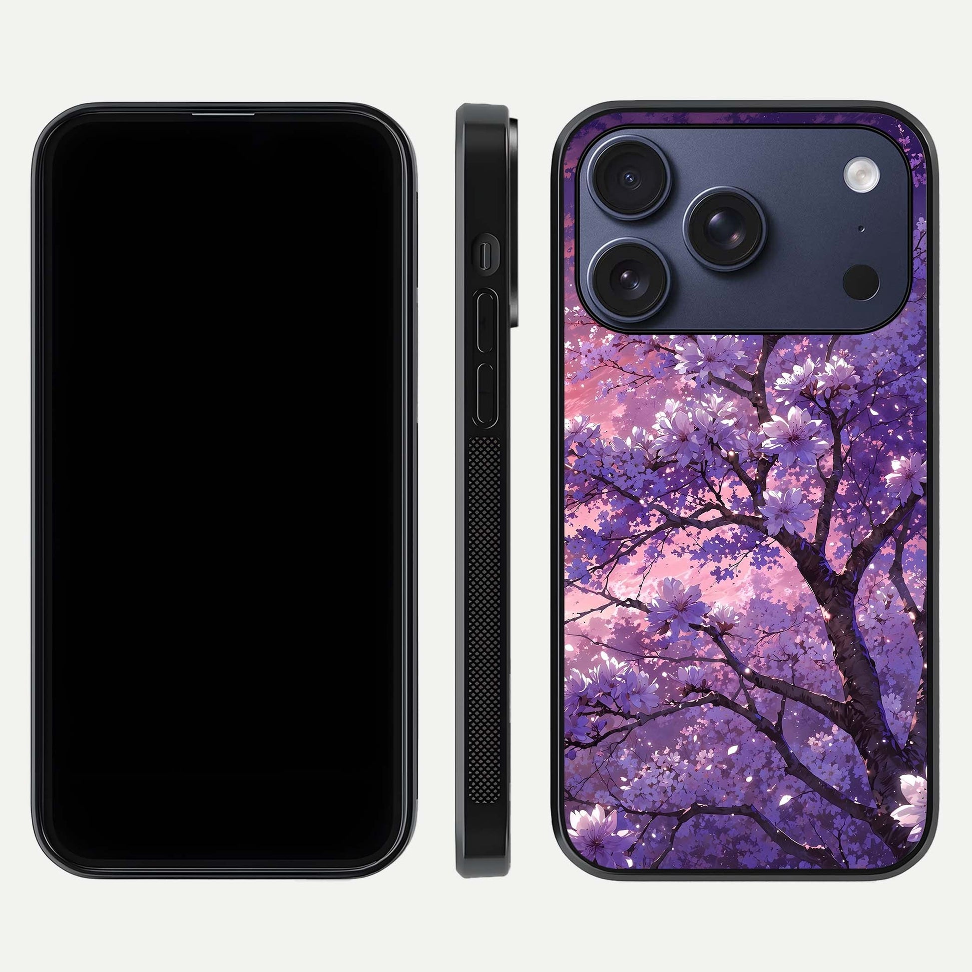 Blossom Tree Glass Case for iPhone 17 Pro front-and-back layout showing art alignment and gloss reflection