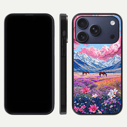 Blossom Valley Dream Glass Case for iPhone 17 Pro front-and-back layout highlighting glossy reflection and edge cut