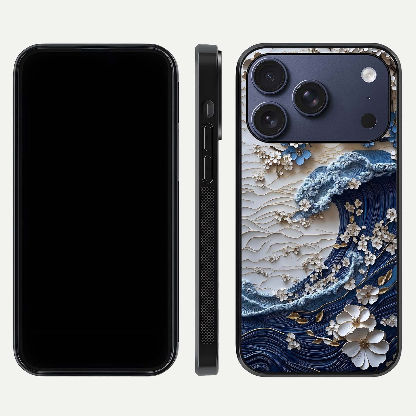 Blossom Wave Art Glass Case for iPhone 17 Pro front-and-back layout showing curved design and glass clarity