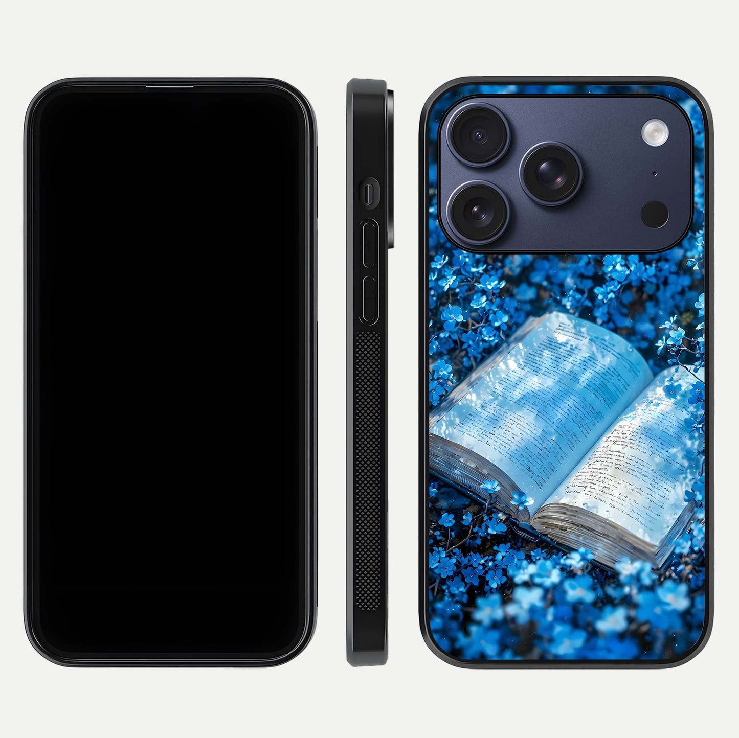 Blue Bloom Tales Glass Case for iPhone 17 Pro dual-view layout highlighting shine, floral print, and smooth edges