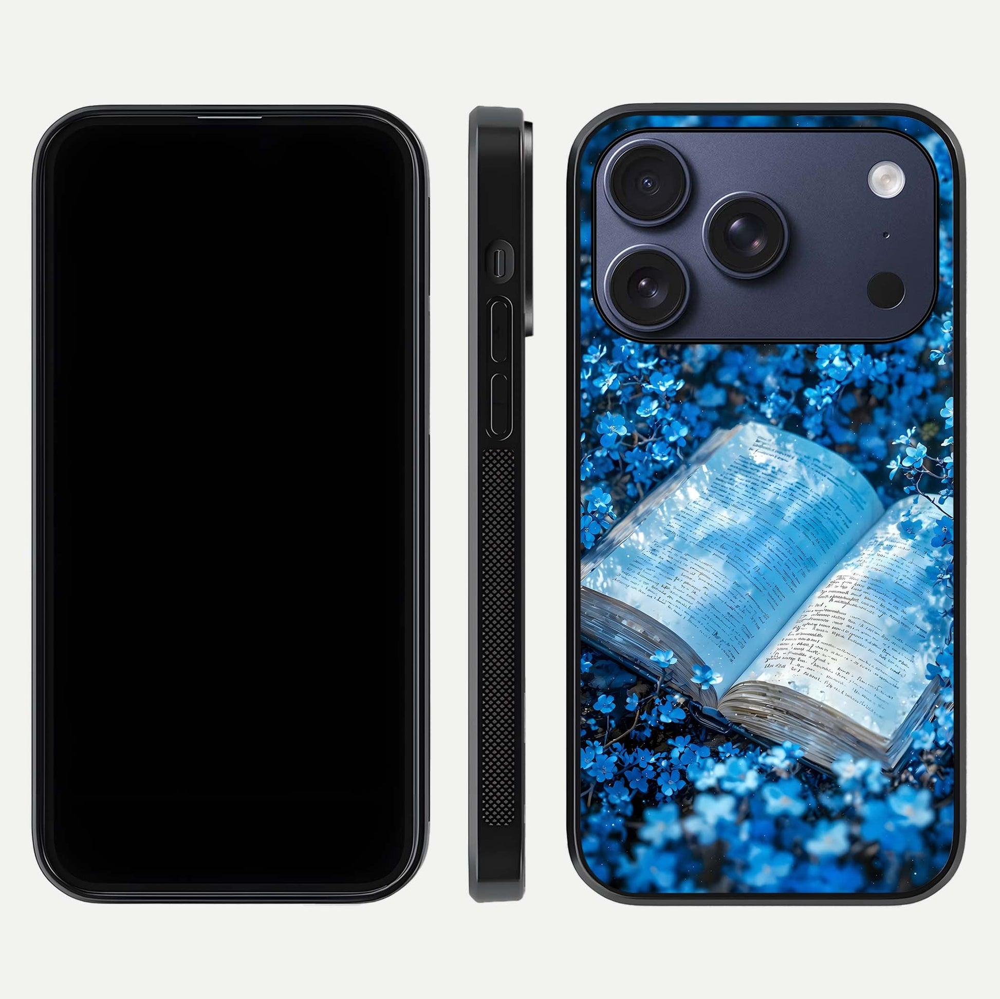 Blue Bloom Tales Glass Case for iPhone 17 Pro dual-view layout highlighting shine, floral print, and smooth edges