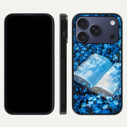 Blue Bloom Tales Glass Case for iPhone 17 Pro dual-view layout highlighting shine, floral print, and smooth edges