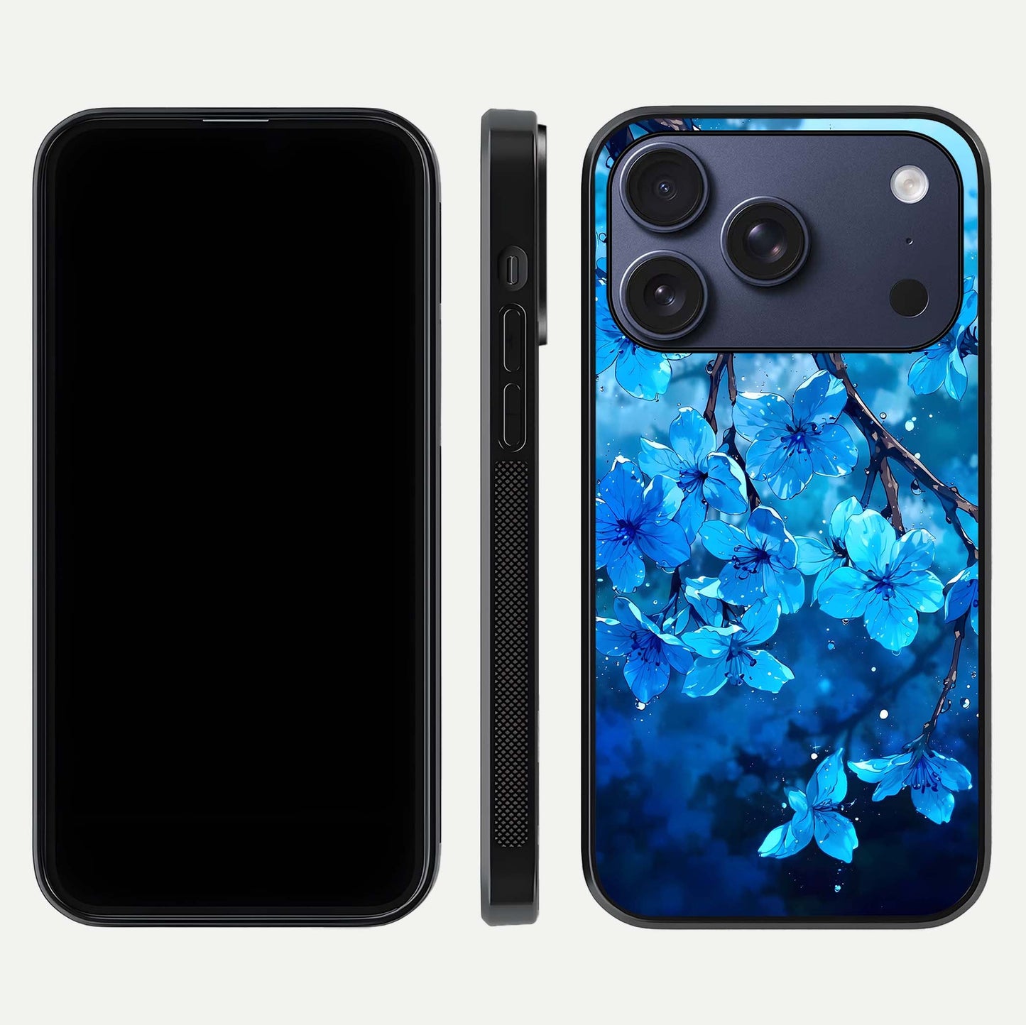 Blue Blossoms Branch Glass Case for iPhone 16 Pro dual-view layout displaying floral art and sleek protective frame
