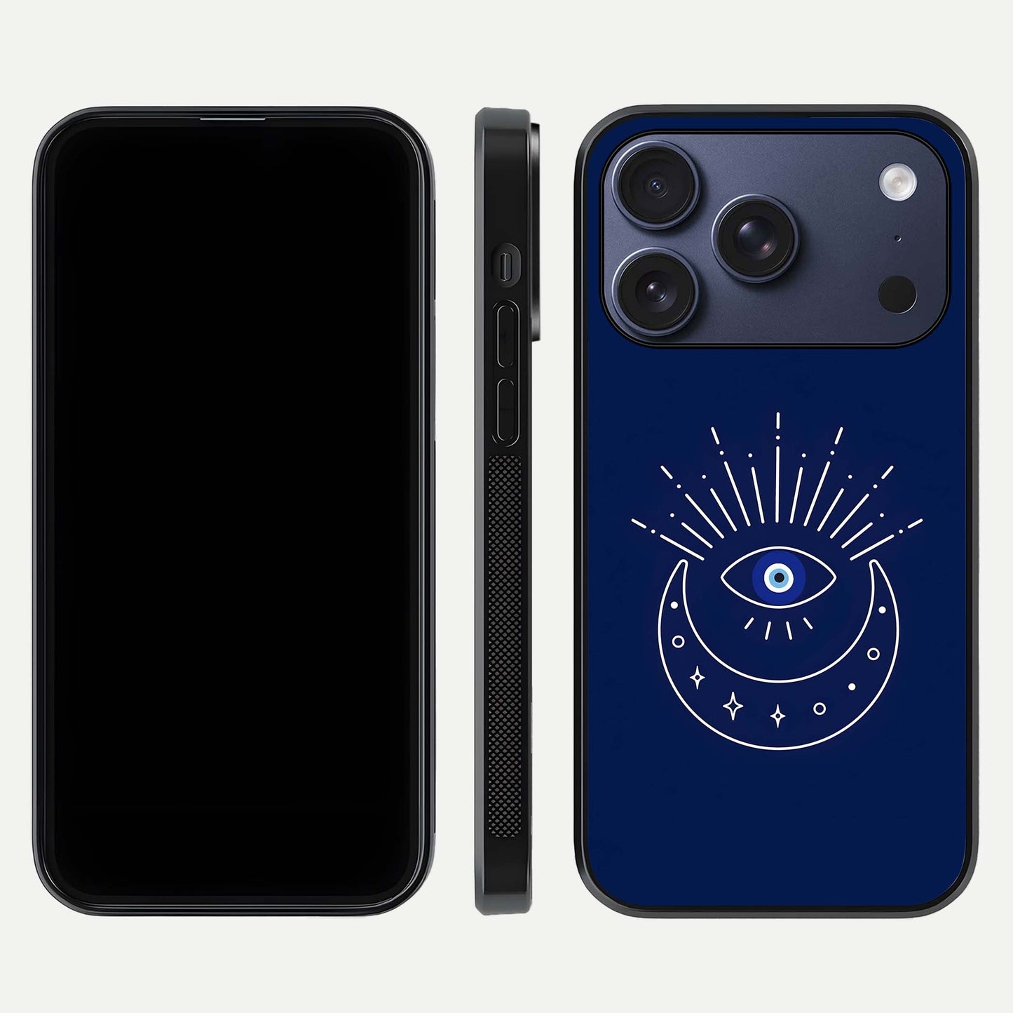 Blue Evil Eye Glass Case for iPhone 17 Pro front-and-back layout showing blue aura design and curved-edge clarity