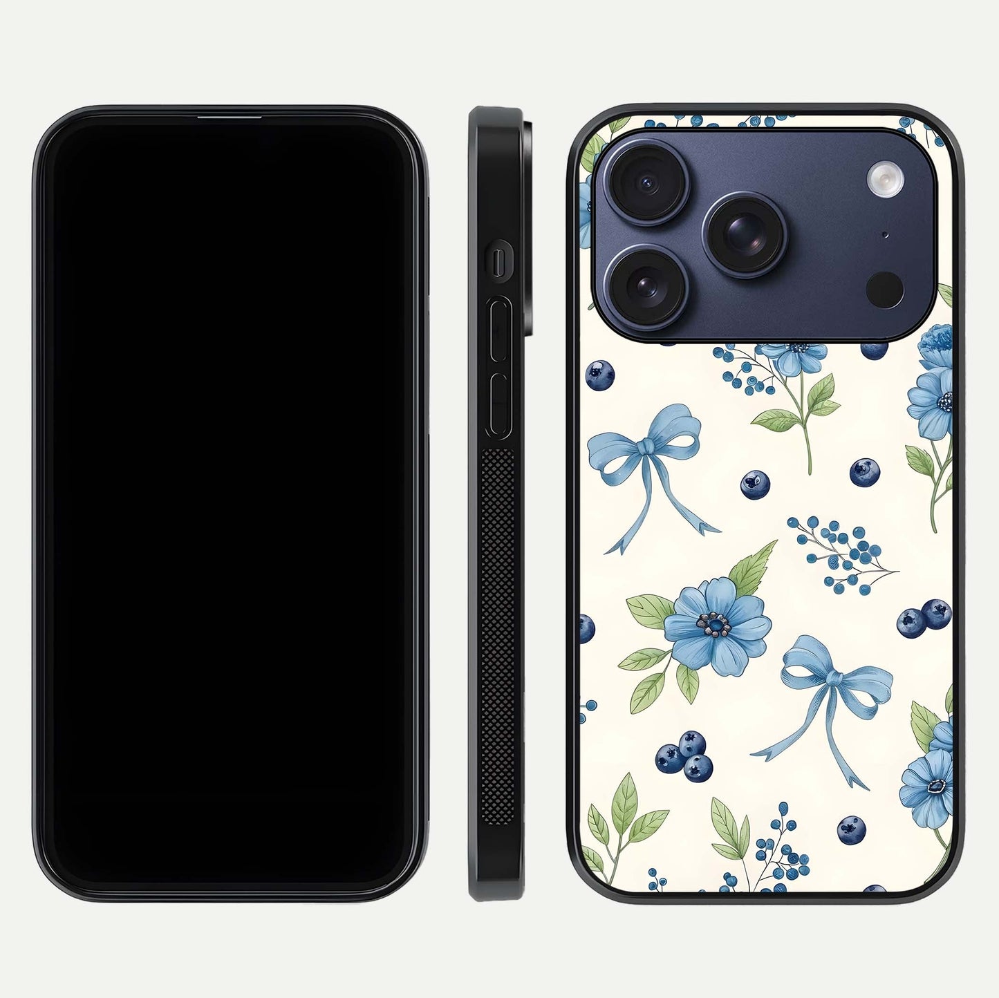 Blue Flower & Bow Glass Case for iPhone 17 Pro dual-view layout showing balanced pattern and smooth edges