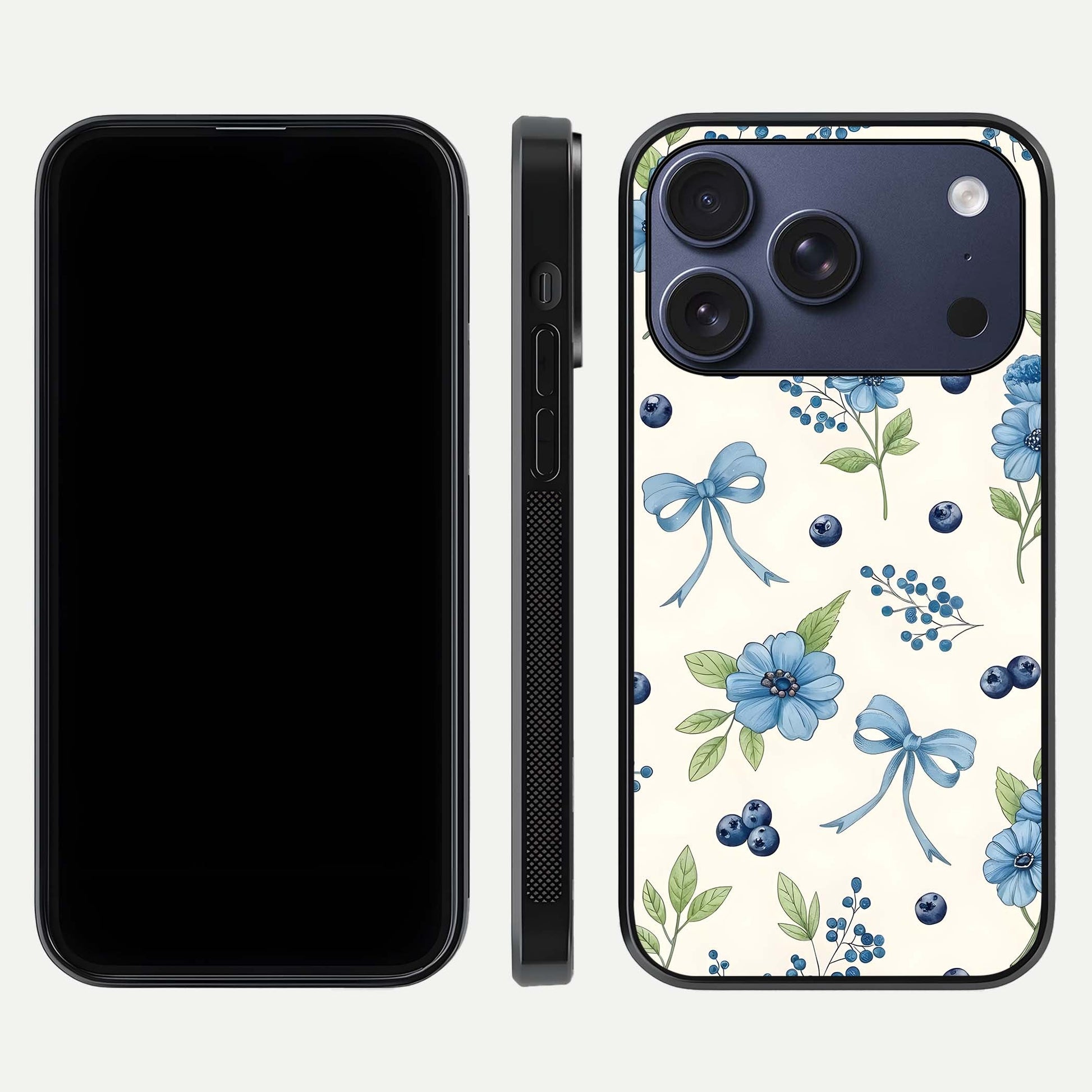 Blue Flower & Bow Glass Case for iPhone 17 Pro dual-view layout showing balanced pattern and smooth edges
