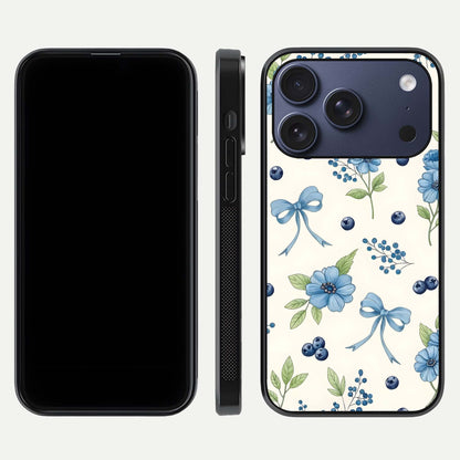 Blue Flower & Bow Glass Case for iPhone 17 Pro dual-view layout showing balanced pattern and smooth edges