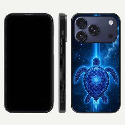 Blue Galaxy Turtle Glass Case for iPhone 16 Pro front-and-back layout highlighting cosmic art and reflective glass