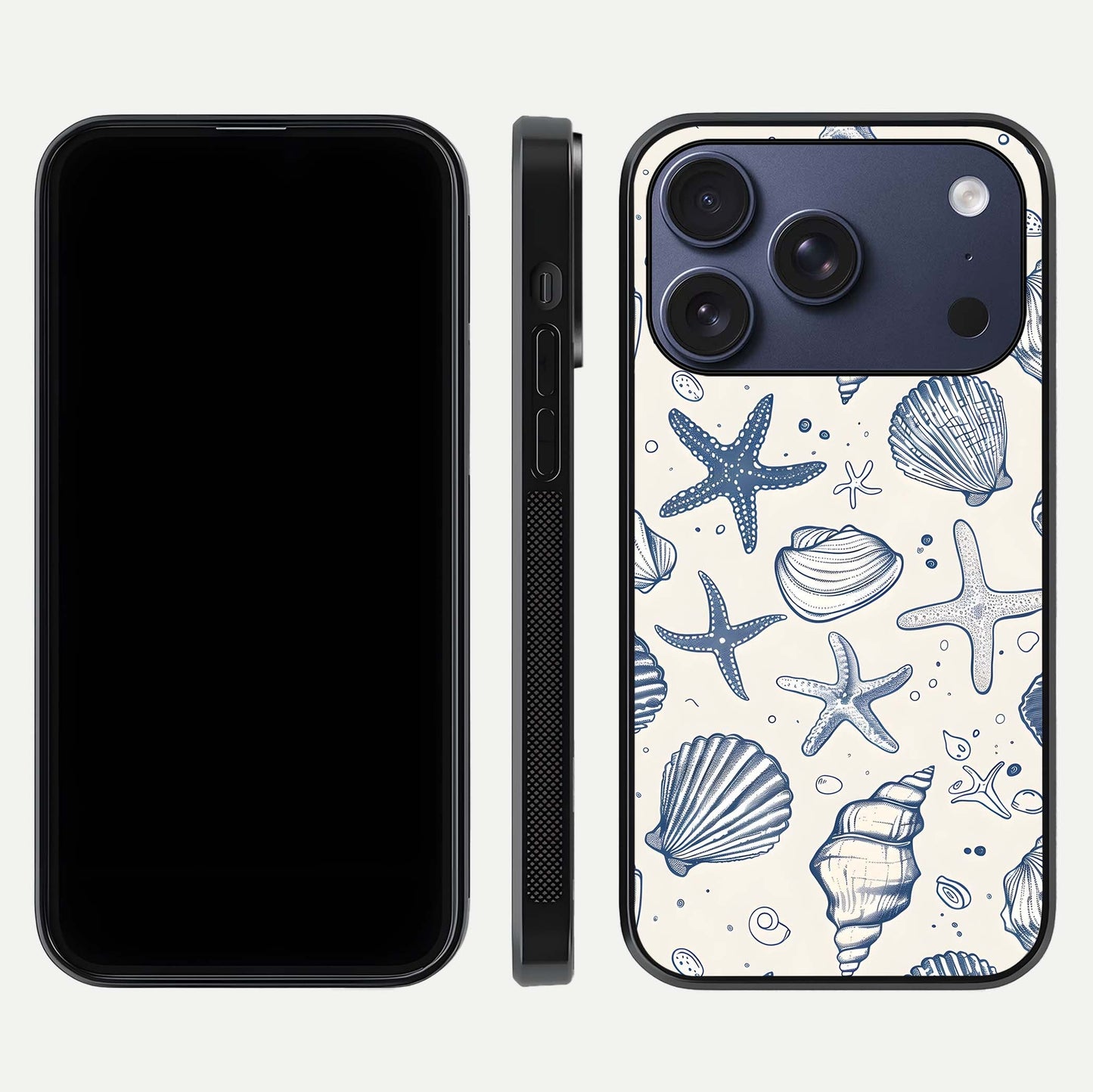 Blue Ocean Outline Glass Case for iPhone 17 Pro front-and-back layout showing minimal wave design and HD gloss
