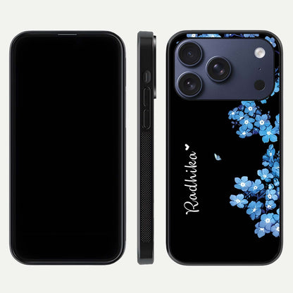 Blue Petal Dream Custom Name Glass Case for iPhone 17 Pro dual-view layout showing text placement and premium finish