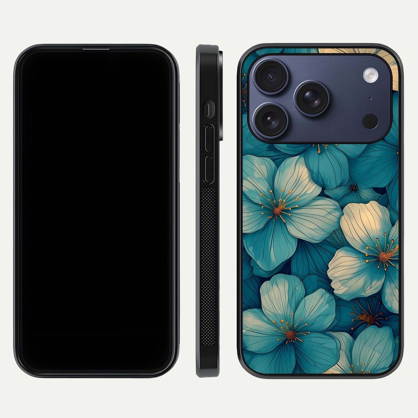 Blue Shade Floral Glass Case for iPhone 17 Pro front-and-back layout displaying bloom contrast and edge polish