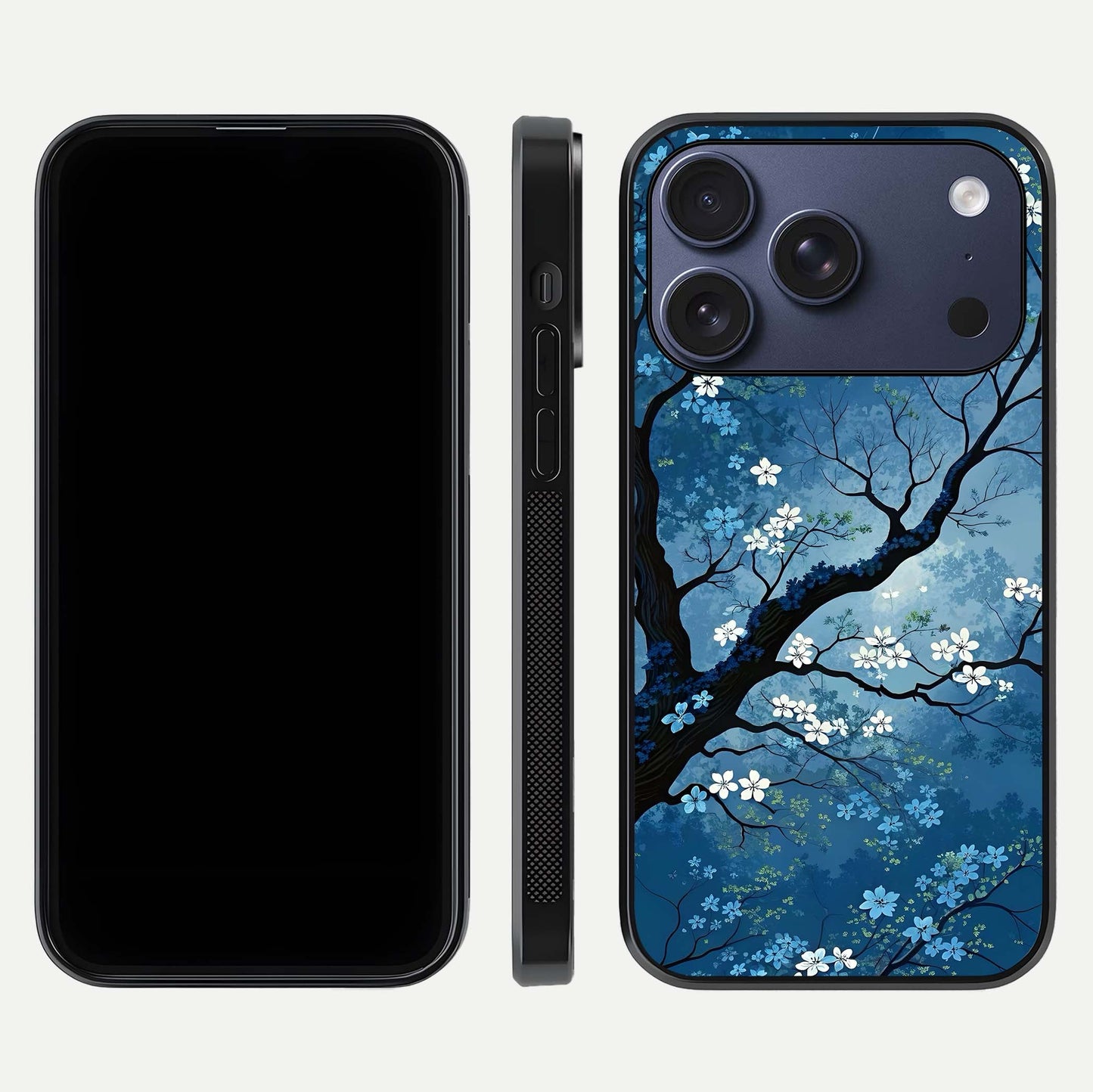 Blue Tree Serenity Glass Case for iPhone 17 Pro front-and-back layout showing gradient background and smooth edges