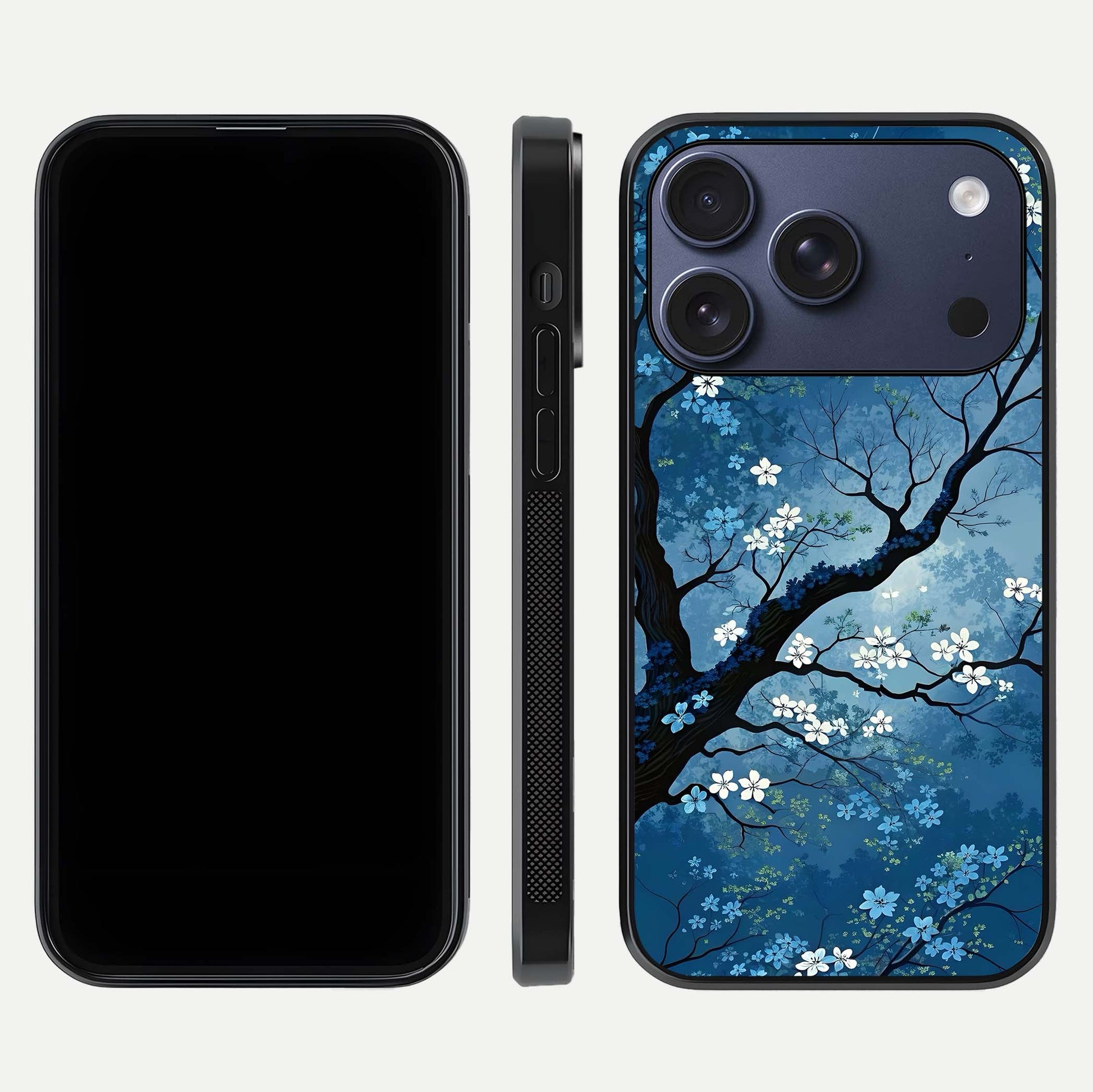 Blue Tree Serenity Glass Case for iPhone 17 Pro front-and-back layout showing gradient background and smooth edges