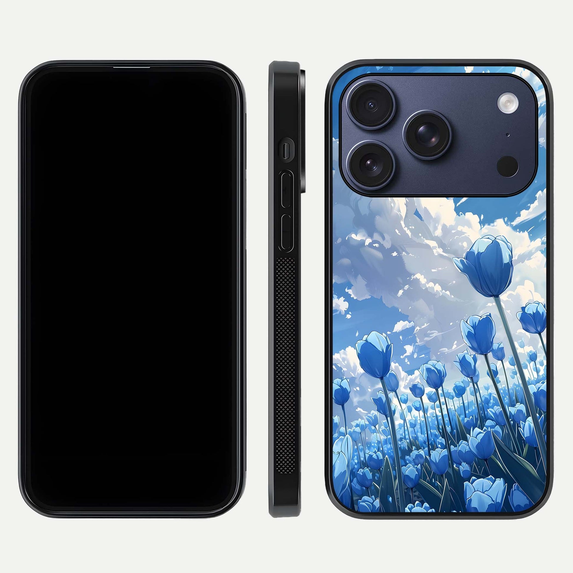 Blue Tulip Clouds Glass Case for iPhone 16 Pro front-and-back layout showcasing floral detail and polished edges