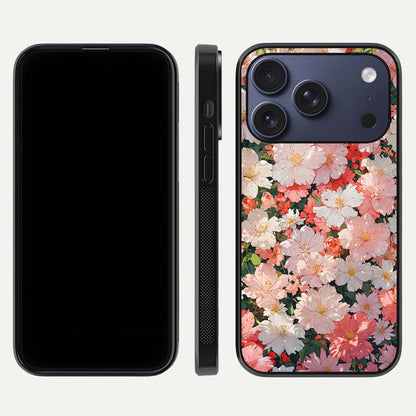Blush Bloom Field Glass Case for iPhone 16 Pro dual-view layout showing bloom arrangement and protective frame