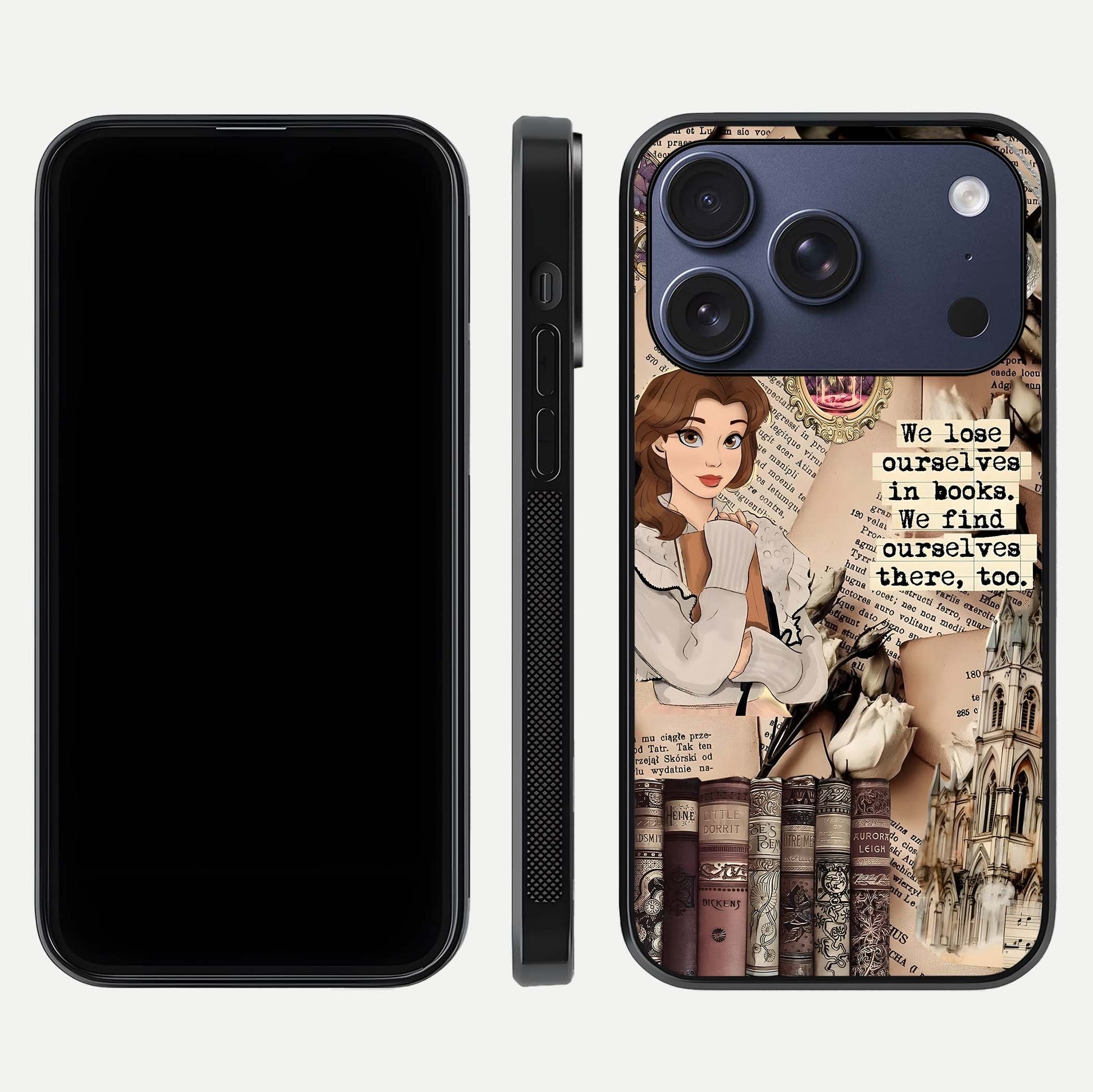 Bookish Dream World Glass Case for iPhone 17 Pro dual-view layout displaying colorful fantasy print and edge finish