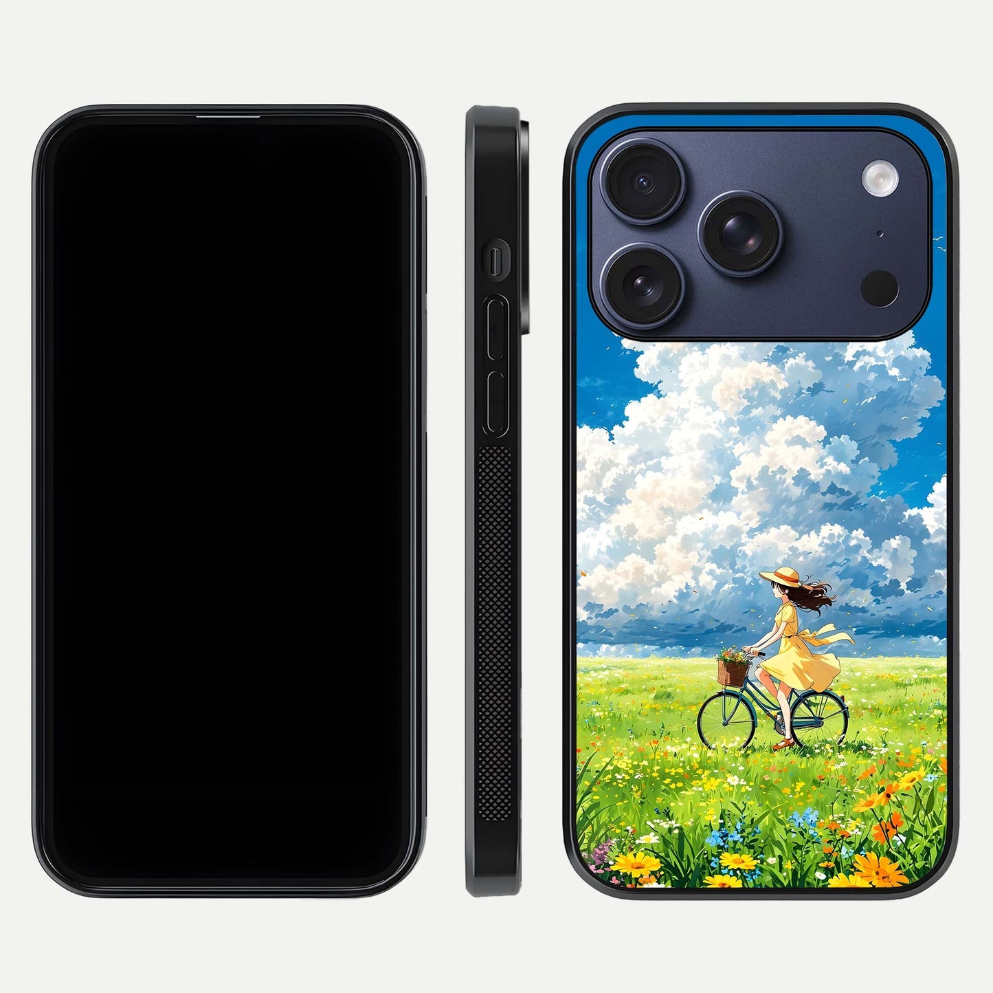 Breezy Meadow Ride Glass Case for iPhone 17 Pro dual-view layout showing soft landscape design and reflection gloss