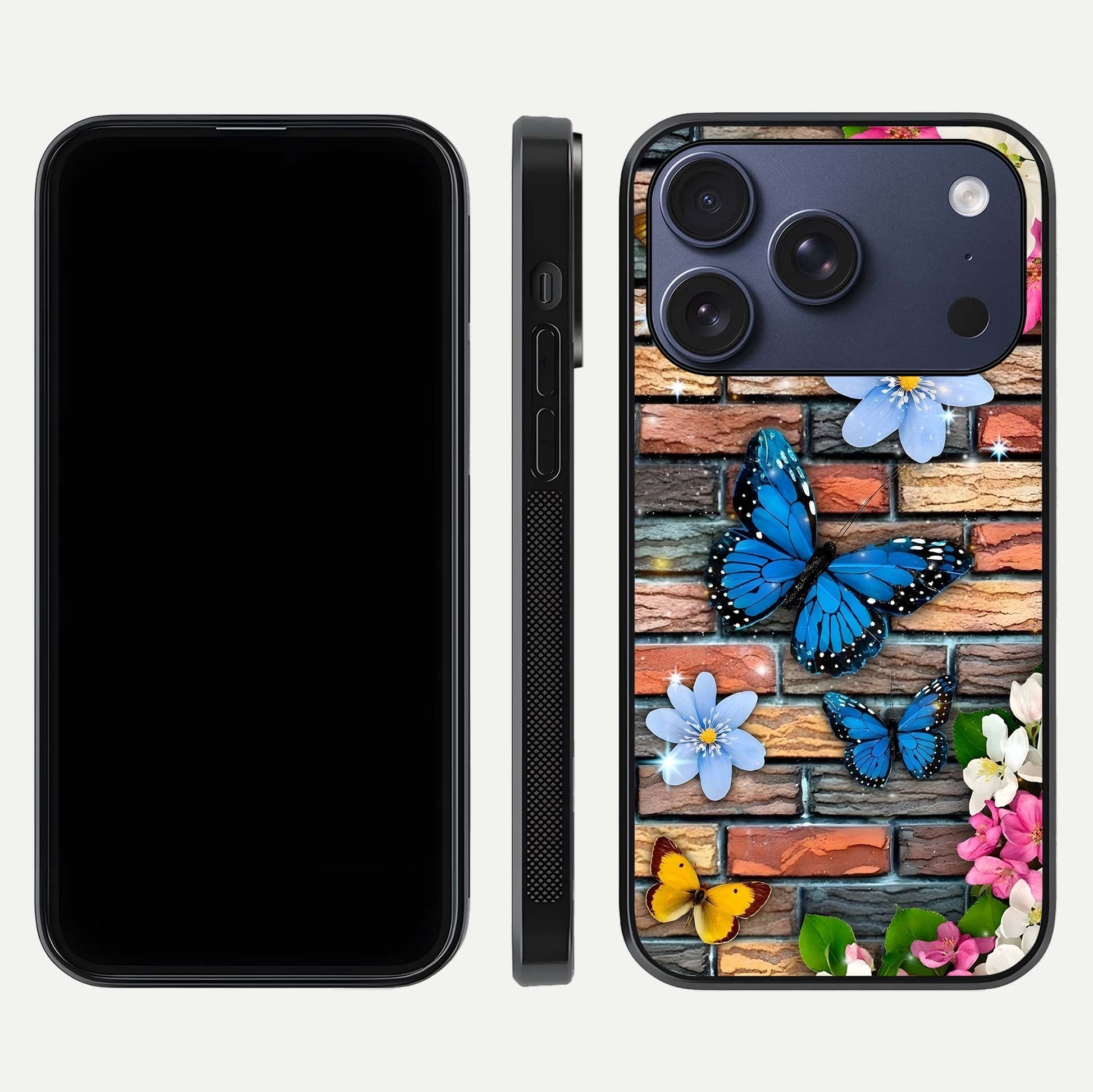Brick Bloom Flight Glass Case for iPhone 17 Pro dual-view layout showing bloom placement and protective edge design