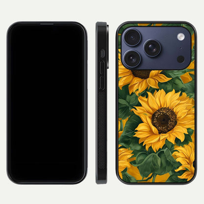 Bright Sunflower Bloom Glass Case for iPhone 17 Pro dual-view layout displaying floral glow and curved glass edge