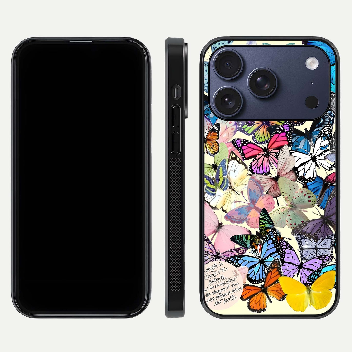 Butterflies Petal Dream Glass Case for iPhone 17 Pro front-and-back layout showcasing floral spread and reflection shine