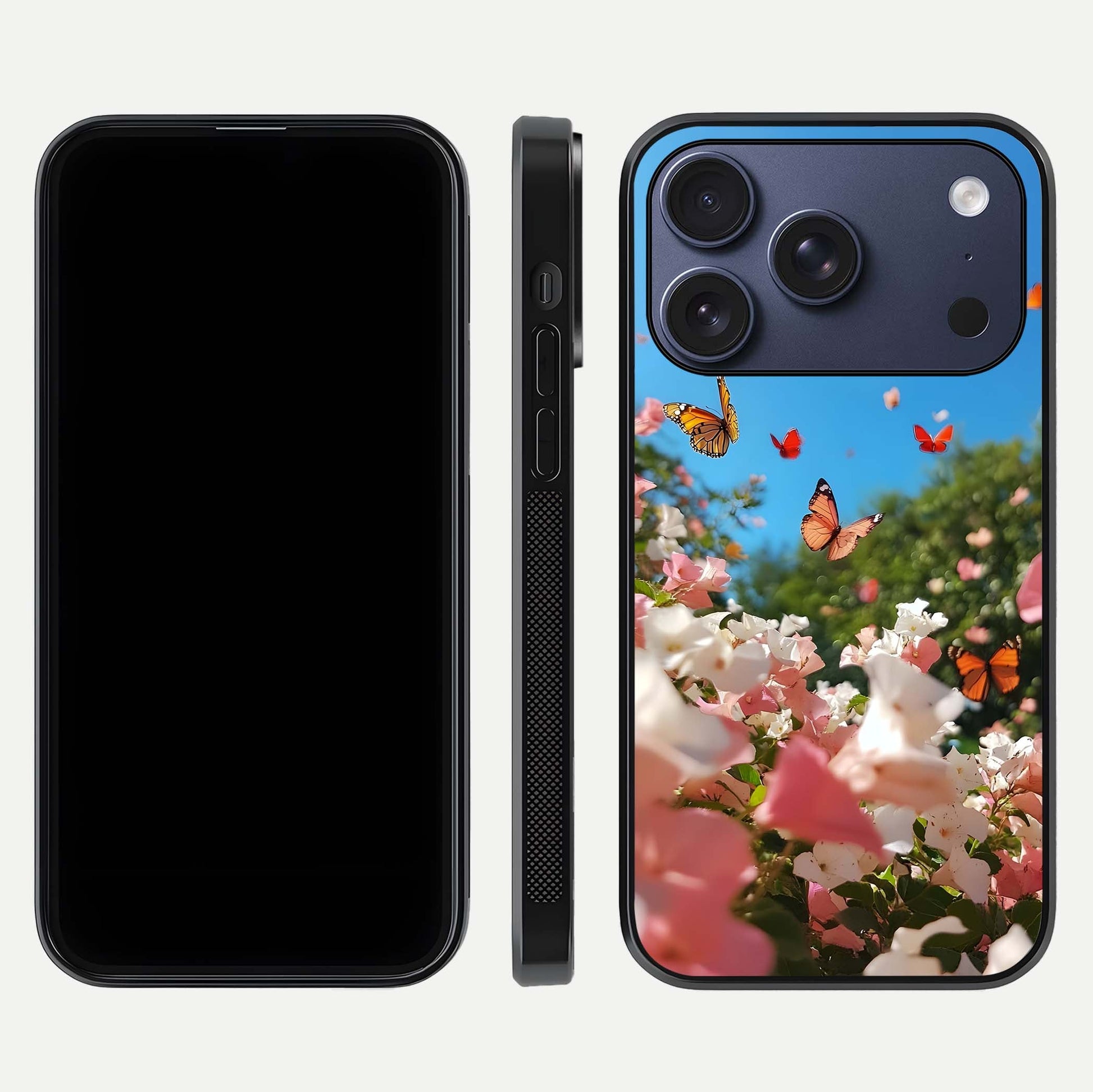 Butterflies in Bloom Sky Glass Case for iPhone 17 Pro dual-view layout displaying elegant composition and glass gloss