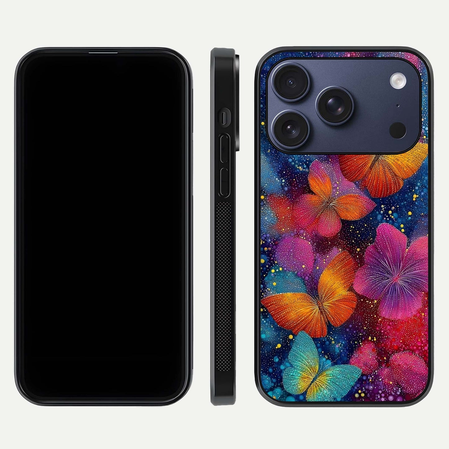 Butterfly Dream Mist Glass Case for iPhone 17 Pro dual-view layout showing mist background and edge polish