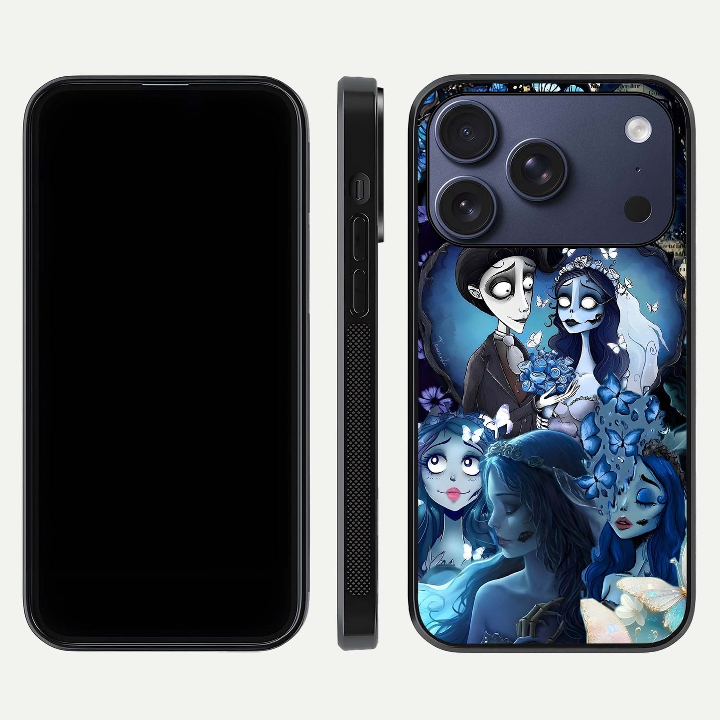 Butterfly Ghost Soul Glass Case for iPhone 17 Pro front-and-back layout highlighting dark art balance and HD shine