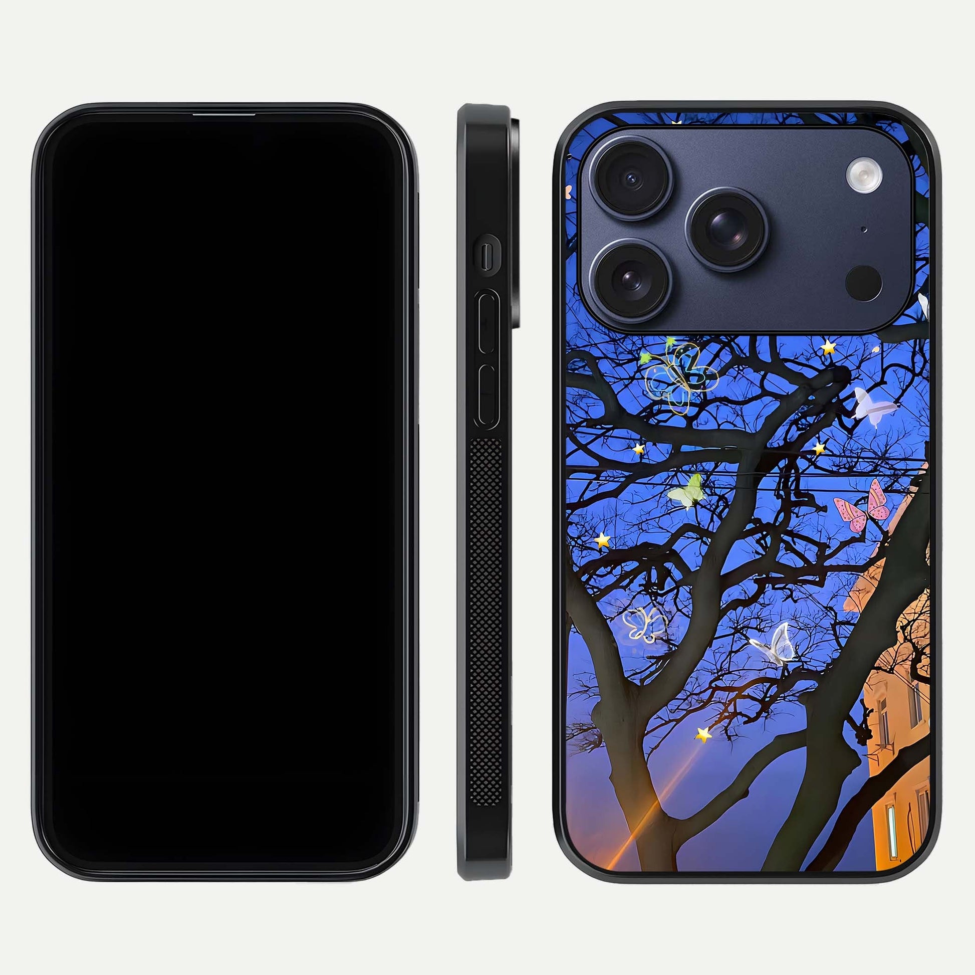 Butterfly Night Magic Glass Case for iPhone 17 Pro dual-view layout displaying balanced art and edge clarity